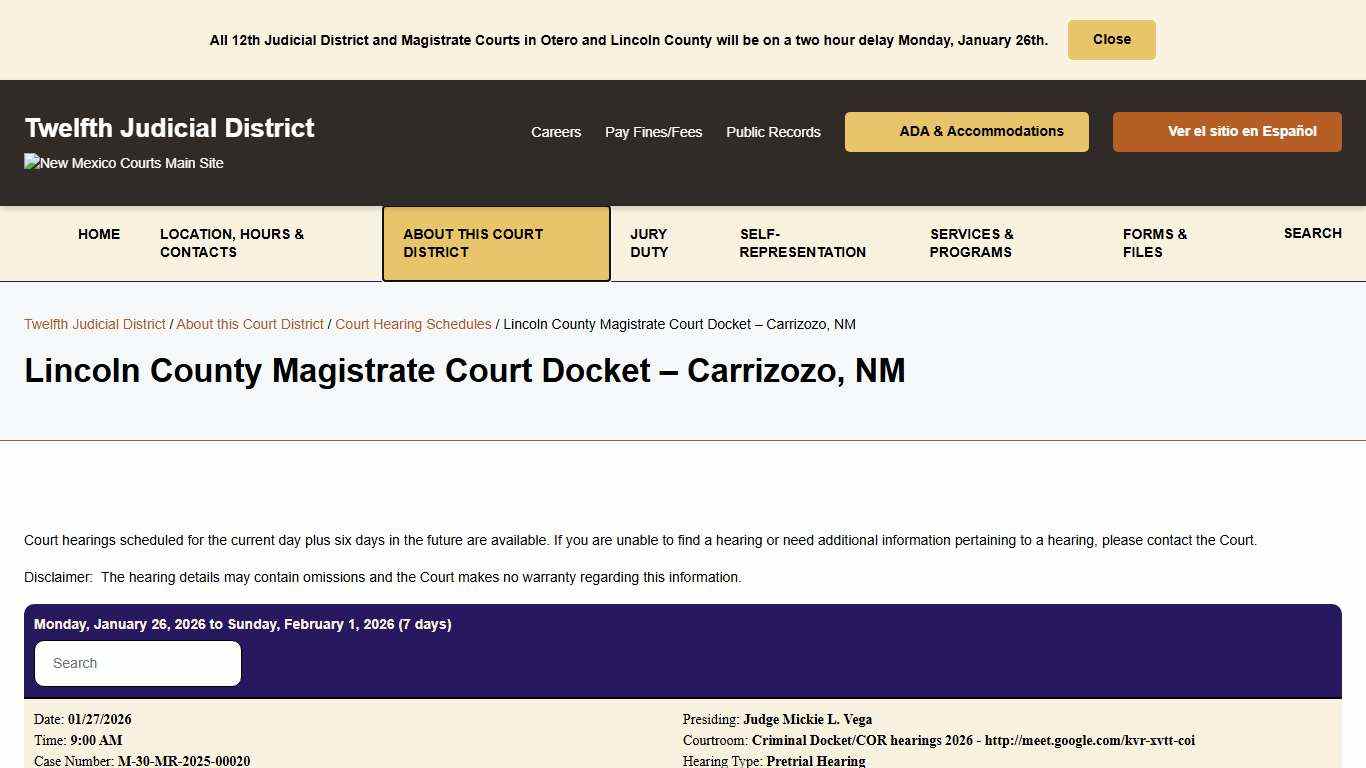 Lincoln County Magistrate Court Docket - Carrizozo, NM - Twelfth Judicial District