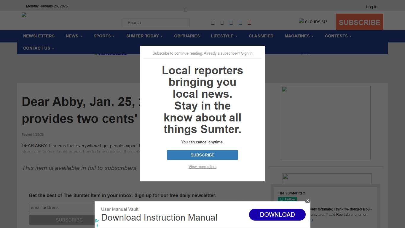 Dear Abby, Jan. 25, 2026: Patron provides two cents' worth on tipping - The Sumter Item